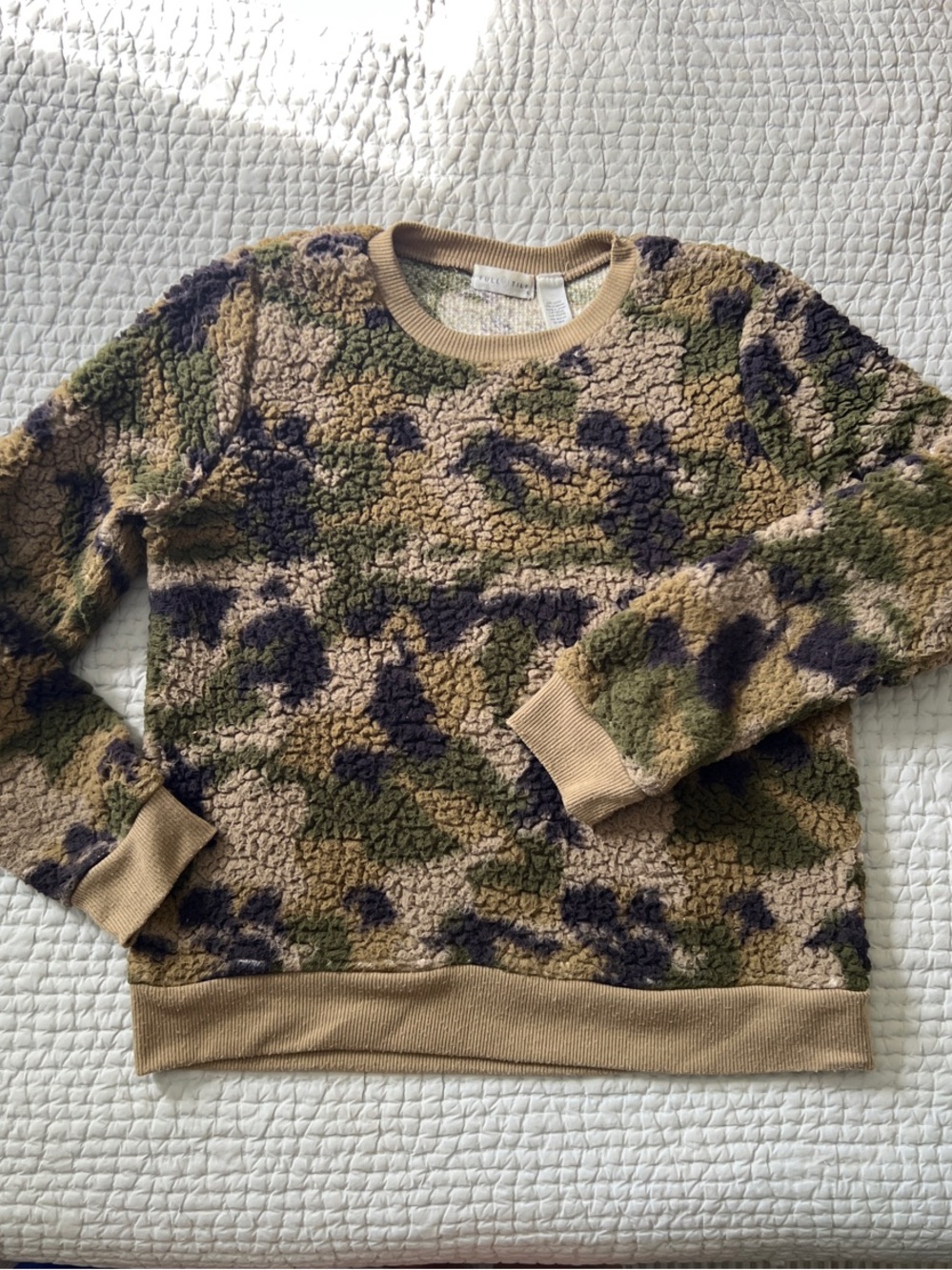 Full Tilt womens Crewneck Sherpa Sweater in Tan, Green, Black Camo